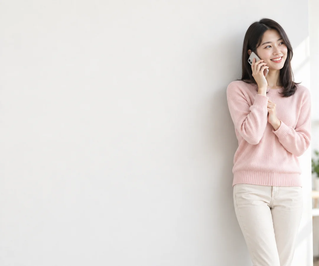 밝은 상담 자리에서 서류를 펴 놓고 웃으며 이야기하는 이십 대 직장인 여성
